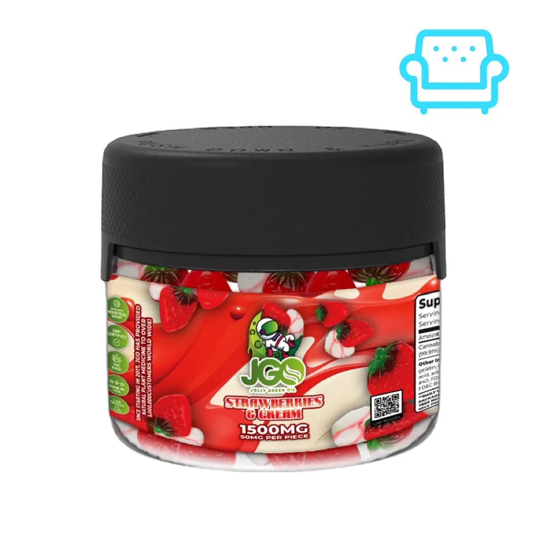 Jar of JGO Strawberries & Cream Gummies – 1500mg CBD total, THC-free with 50mg per gummy and a sweet, creamy strawberry flavor