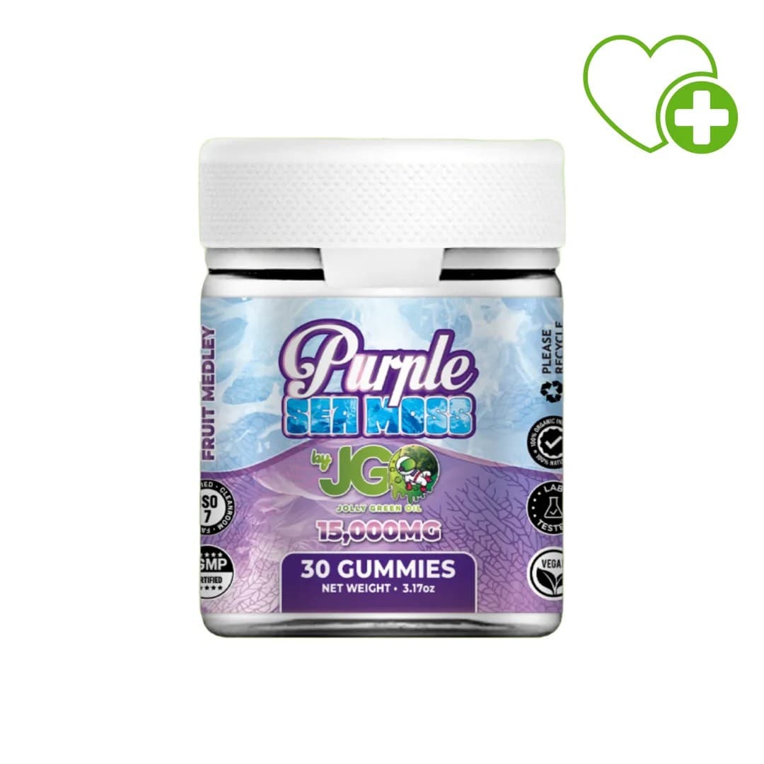 Jar of JGO Purple Sea Moss Gummies – 15,000mg total, 30-count fruit medley flavor with plant-based minerals and herbal wellness support