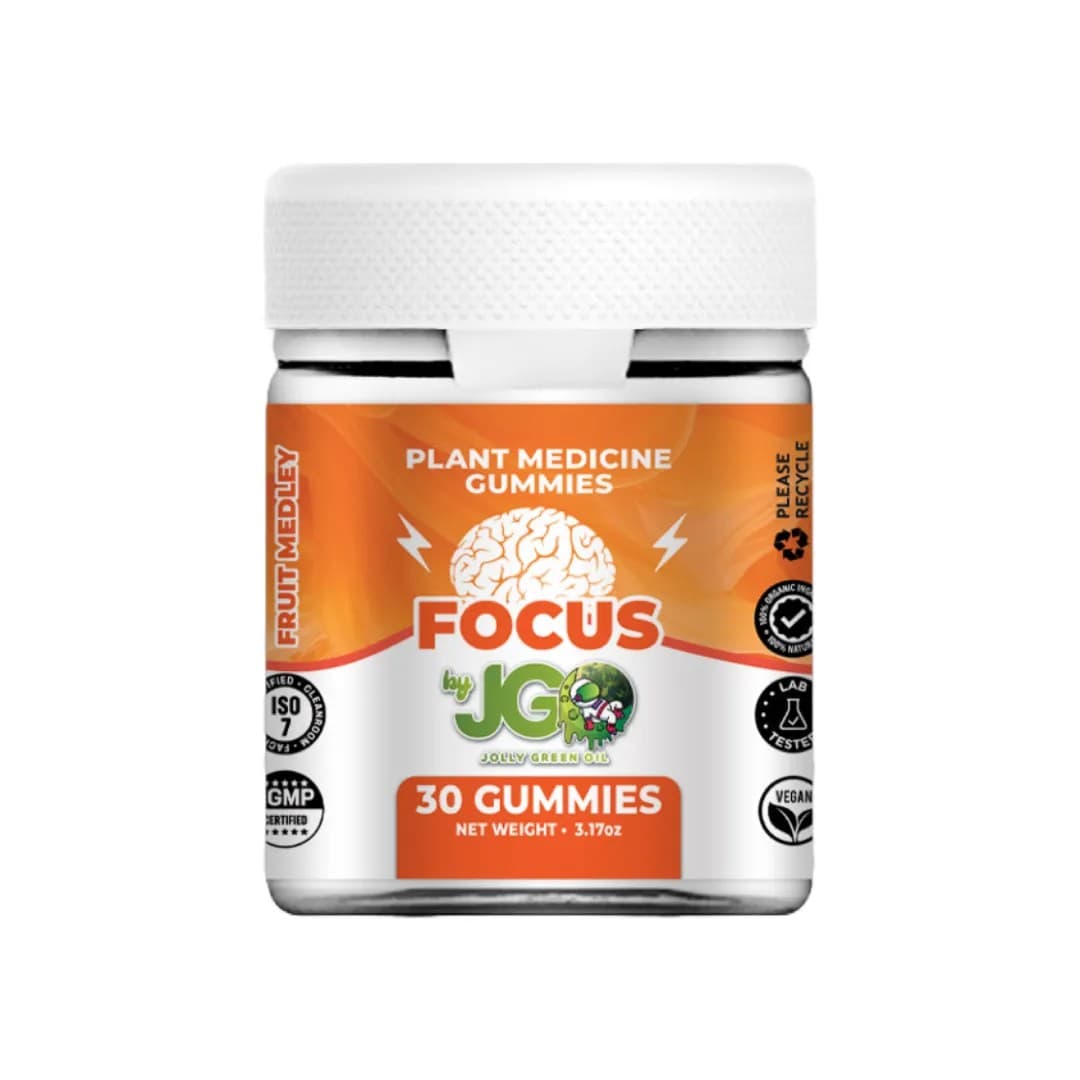 Jar of JGO Focus Gummies – 30-count fruit medley flavor plant medicine gummies formulated with natural nootropics to support mental clarity and energy