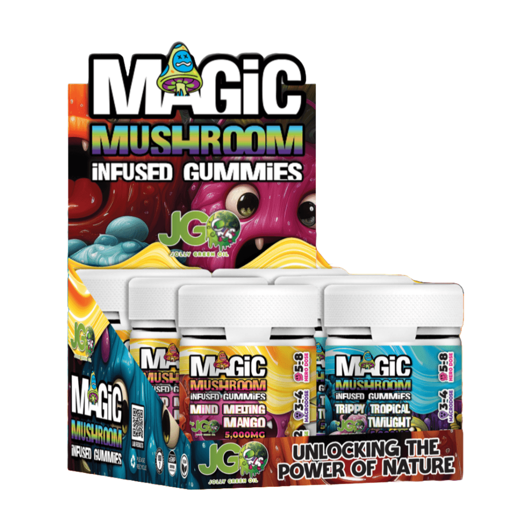 Display box containing 6 jars of JGO Magic Mushroom Gummies β legal nootropic and herbal psilocybin alternative edibles