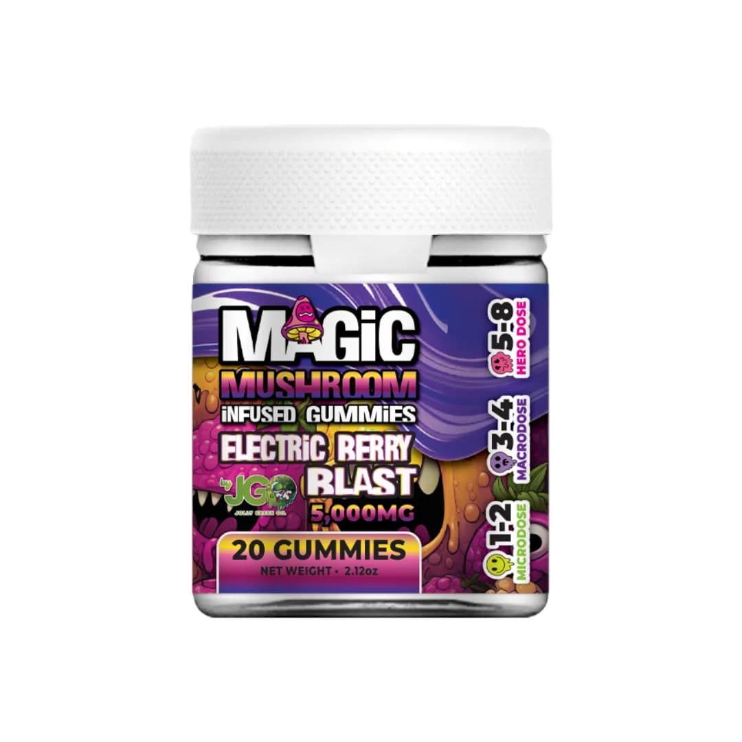 20-count jar of JGO Magic Mushroom Gummies β Electric Berry Blast flavor, infused with a legal nootropic and herbal blend for psilocybin-like effects