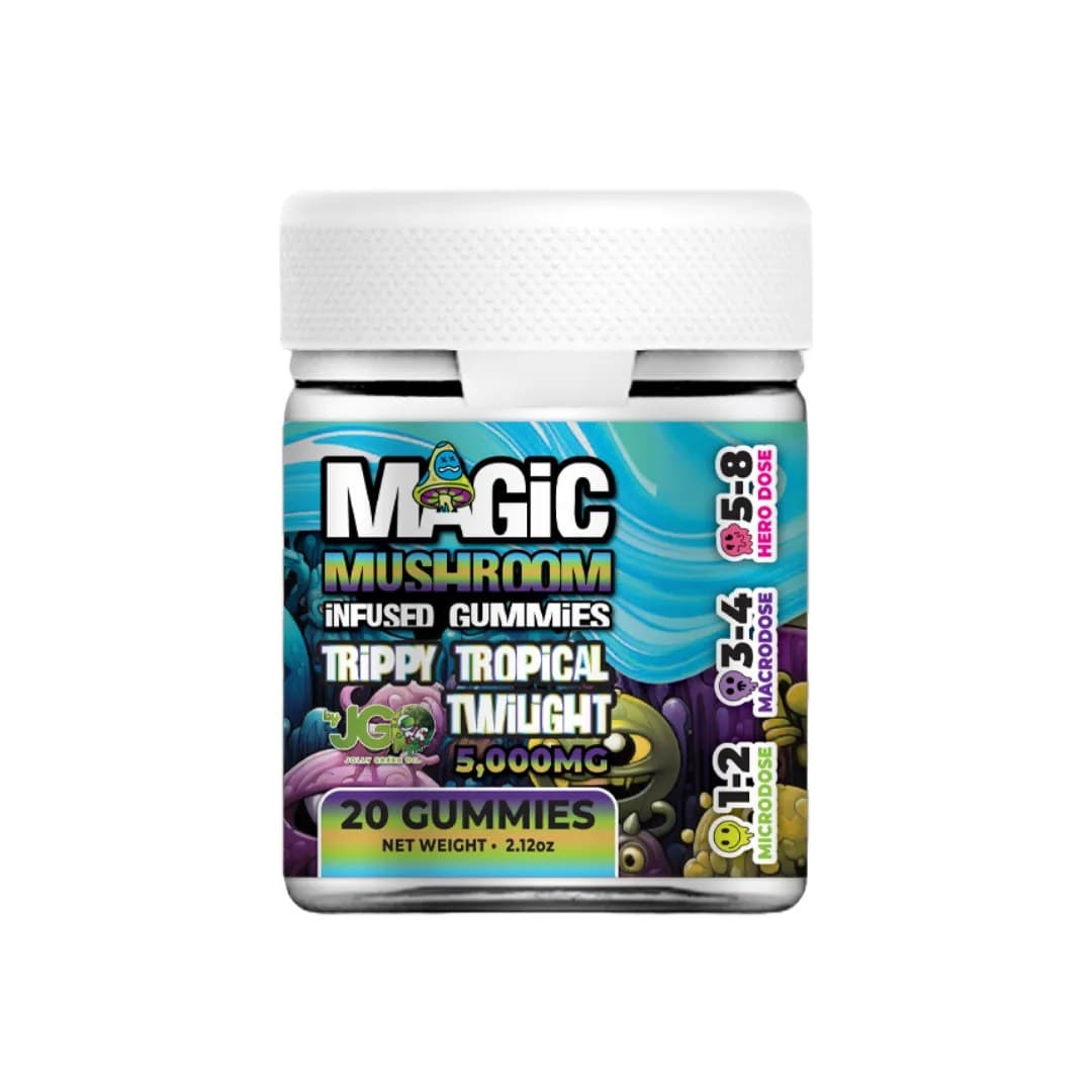 20-count jar of JGO Magic Mushroom Gummies β Trippy Tropical Twilight flavor with a legal nootropic and herbal blend for psilocybin-like effects