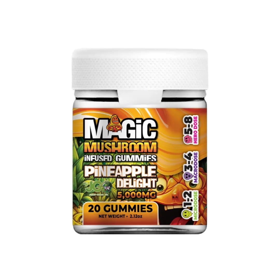 20-count container of JGO Magic Mushroom Gummies β Pineapple Delight flavor, infused with a legal herbal and nootropic blend for psilocybin-like effects