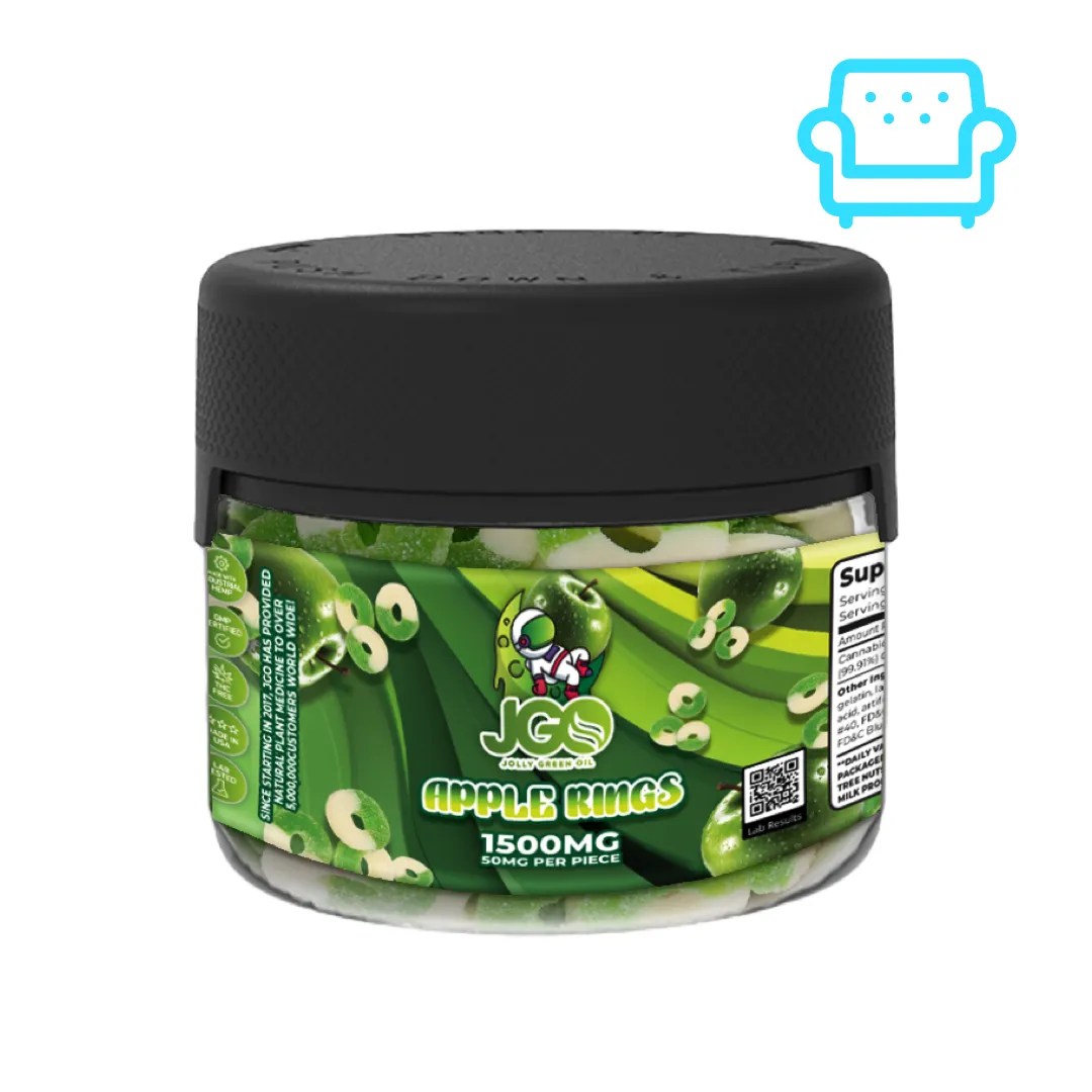 Jar of JGO Apple Rings Gummies β 1500mg CBD total, THC-free with 50mg per gummy and crisp green apple flavor for daily support