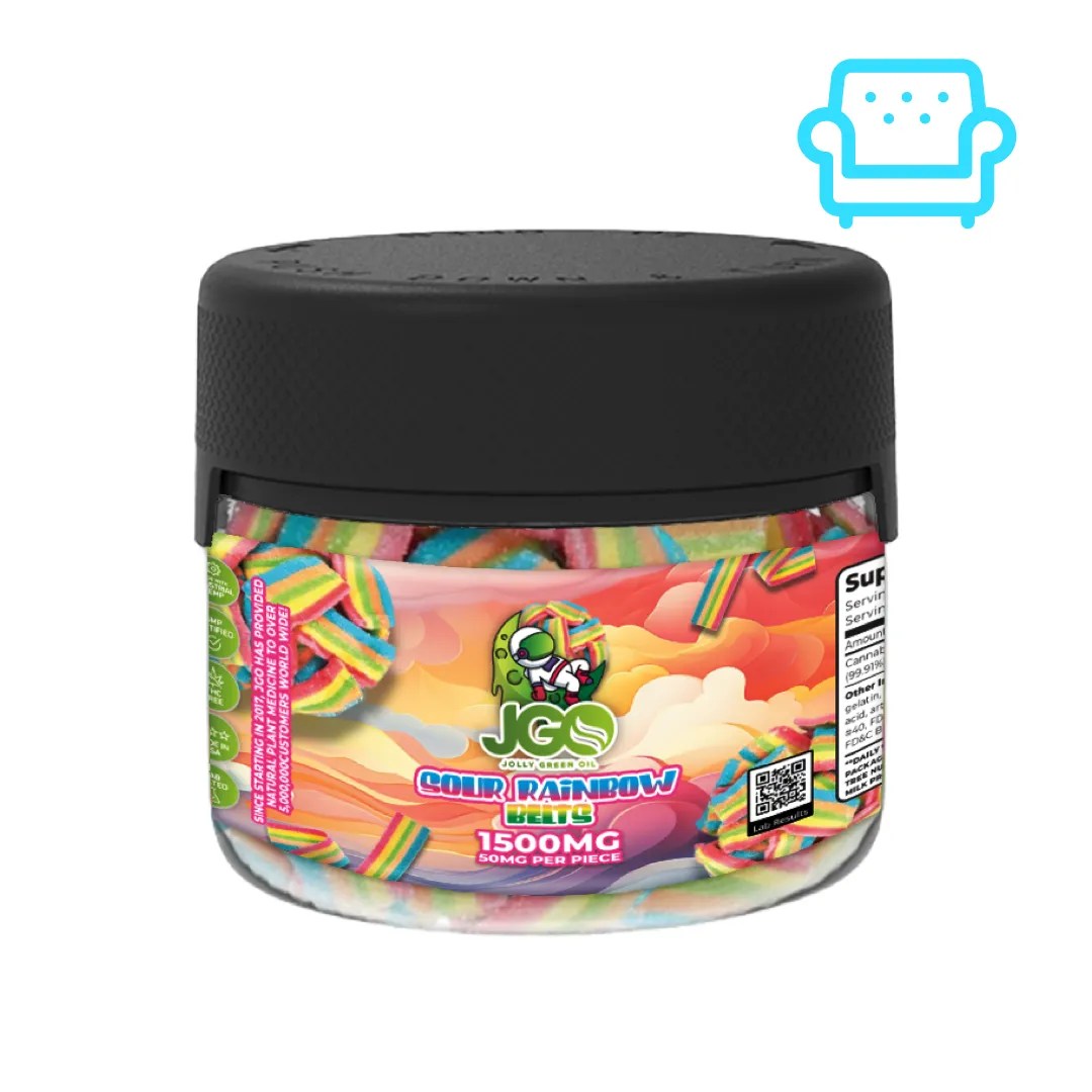 Jar of JGO Sour Rainbow Belts β 1500mg CBD total, THC-free gummies with 50mg per piece and bold fruity sour flavor
