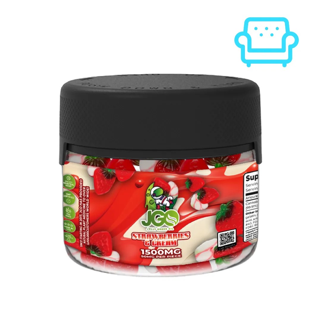 Jar of JGO Strawberries & Cream Gummies β 1500mg CBD total, THC-free with 50mg per gummy and a sweet, creamy strawberry flavor