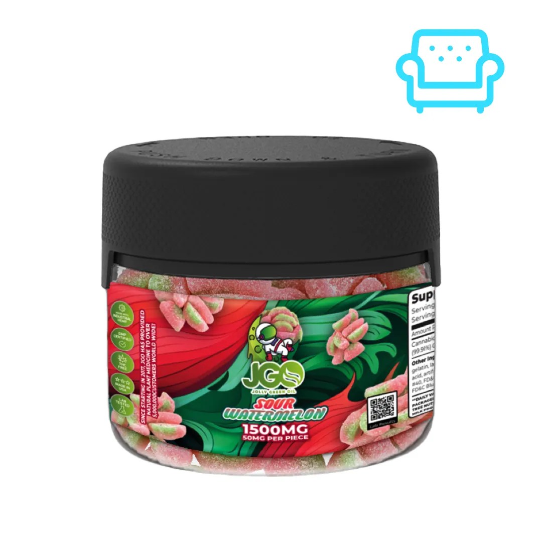 Jar of JGO Sour Watermelon Gummies β 1500mg CBD total, THC-free with 50mg per gummy, tangy flavor for daily wellness support