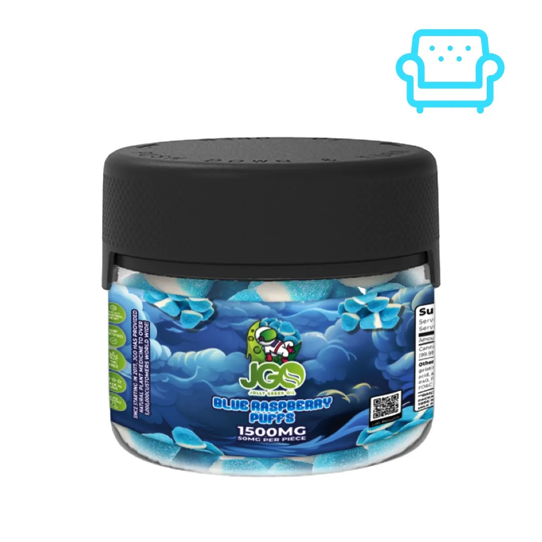 Jar of JGO Blue Raspberry Puffs β 1500mg CBD total, THC-free gummies with 50mg per piece and tangy blue raspberry flavor