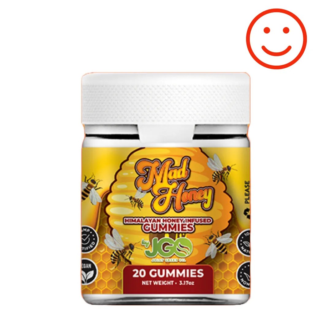 20-count jar of JGO Mad Honey Gummies β infused with Himalayan wild honey for a unique, legal buzz and natural wellness experience