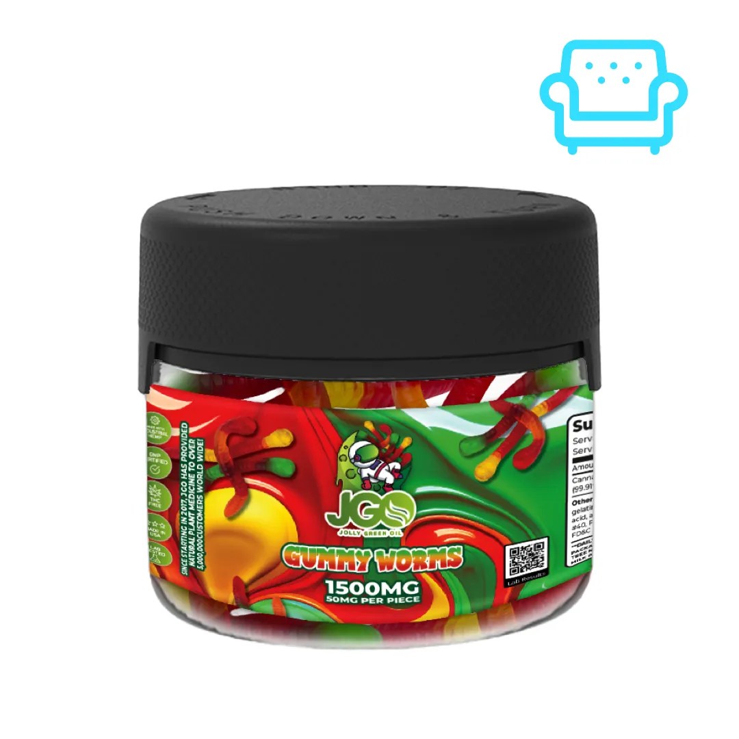 Jar of JGO Gummy Worms – 1500mg CBD total, THC-free gummies with 50mg per piece in a sour fruit blend for daily wellness