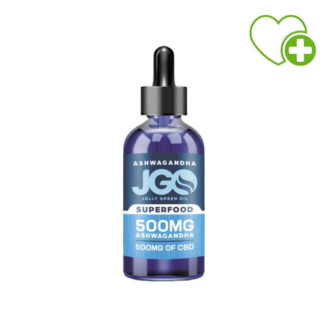JGO Superfood Tincture β 500mg Ashwagandha and 500mg CBD in a blue dropper bottle for daily stress support and natural wellness