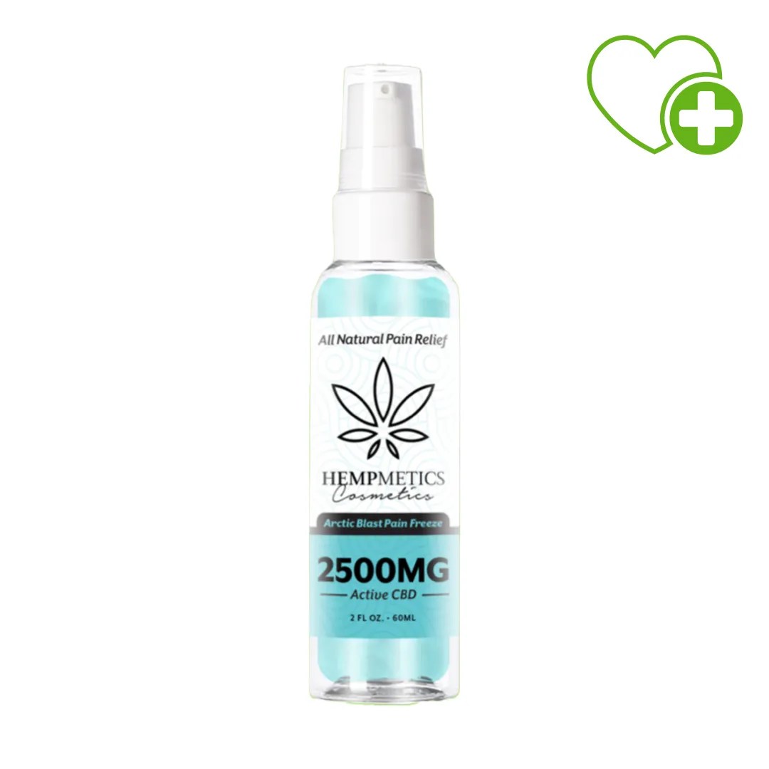 Bottle of Hempmetics Arctic Blast Pain Freeze Spray β 2500mg active CBD for fast-absorbing, natural topical relief