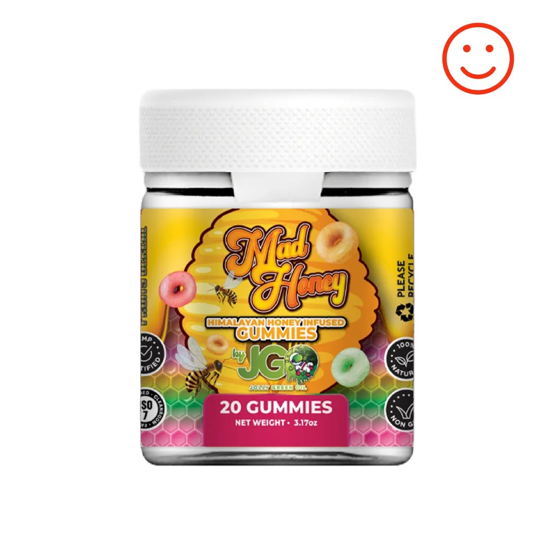 Jar of JGO Mad Honey Gummies β 20-count Fruity Cereal flavor infused with Himalayan wild honey for a nostalgic, legal buzz experience