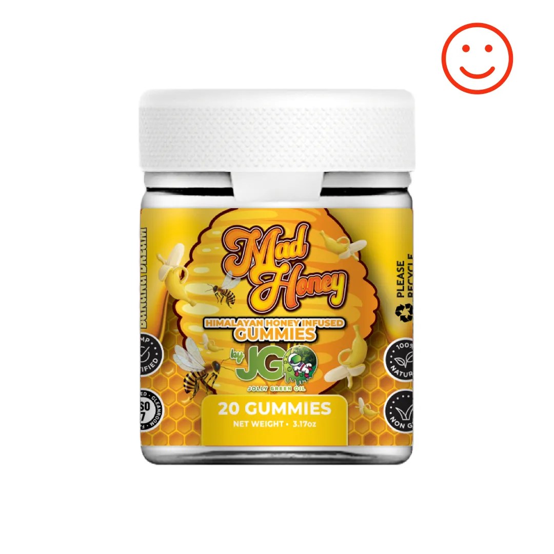 Jar of JGO Mad Honey Gummies β 20-count Banana Dream flavor infused with Himalayan wild honey for a smooth, legal buzz and relaxation