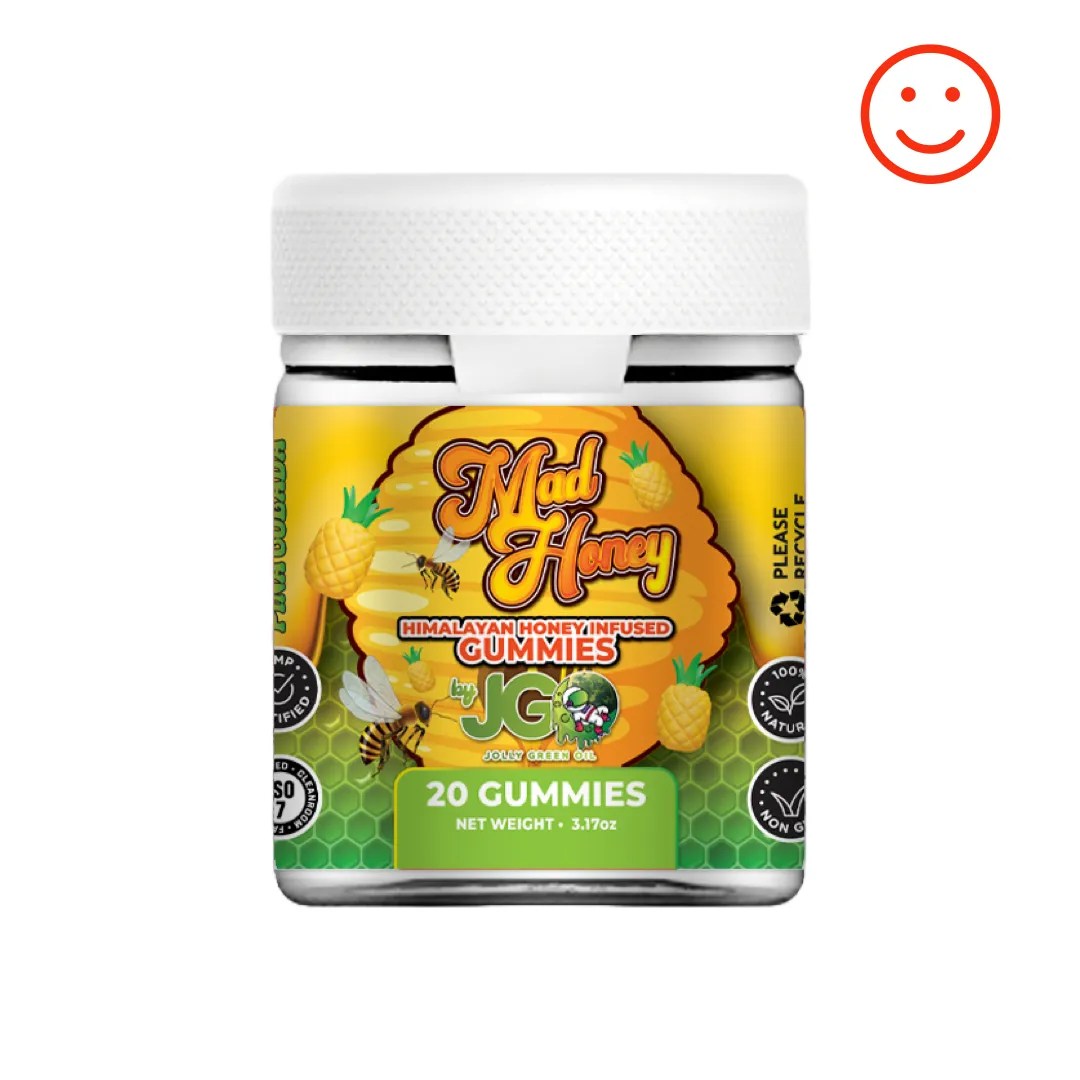 Jar of JGO Mad Honey Gummies β 20-count PiΓ±a Colada flavor infused with Himalayan wild honey for a tropical, legal buzz experience